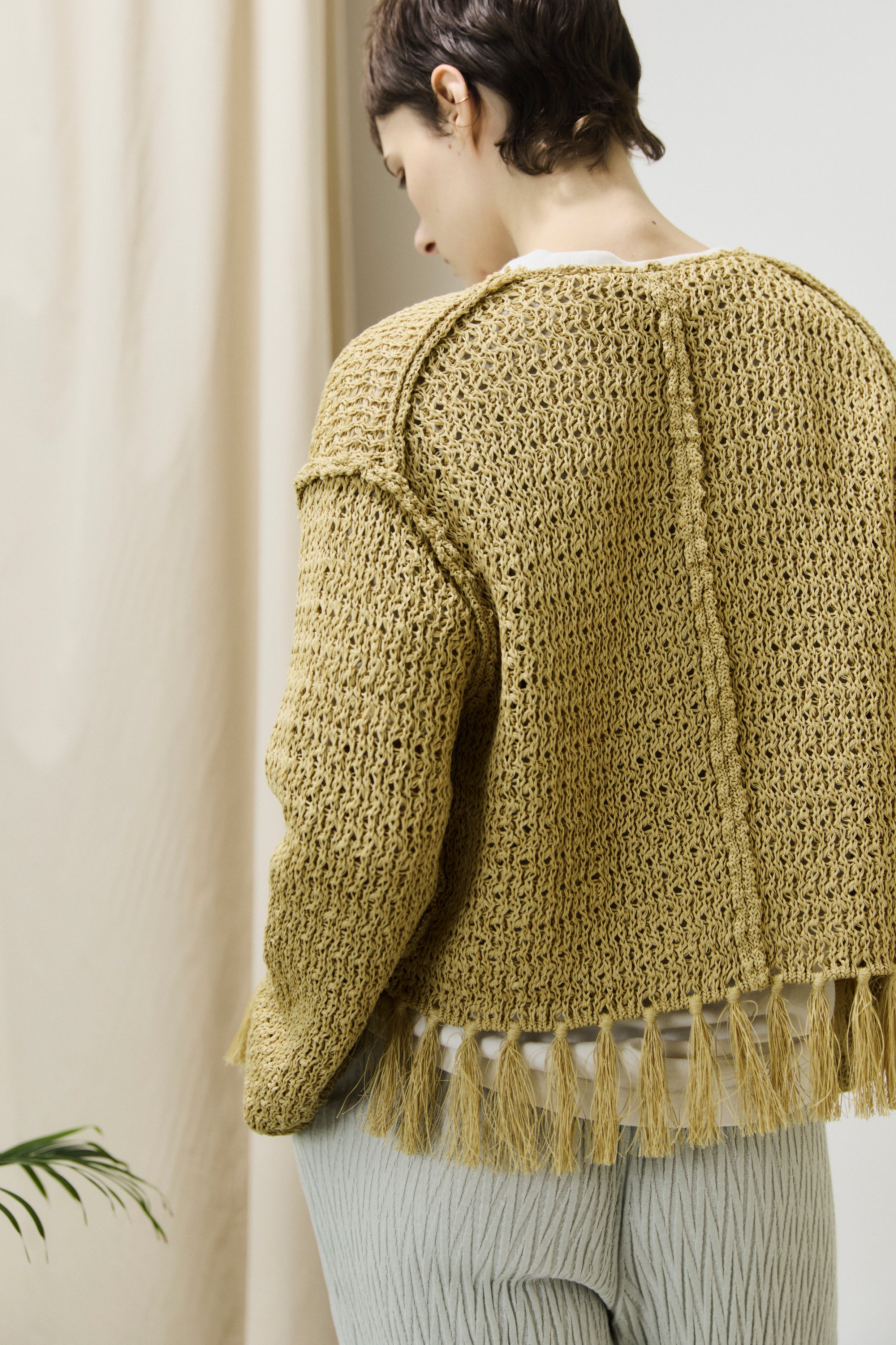 double honeycomb mesh fringed cardigan