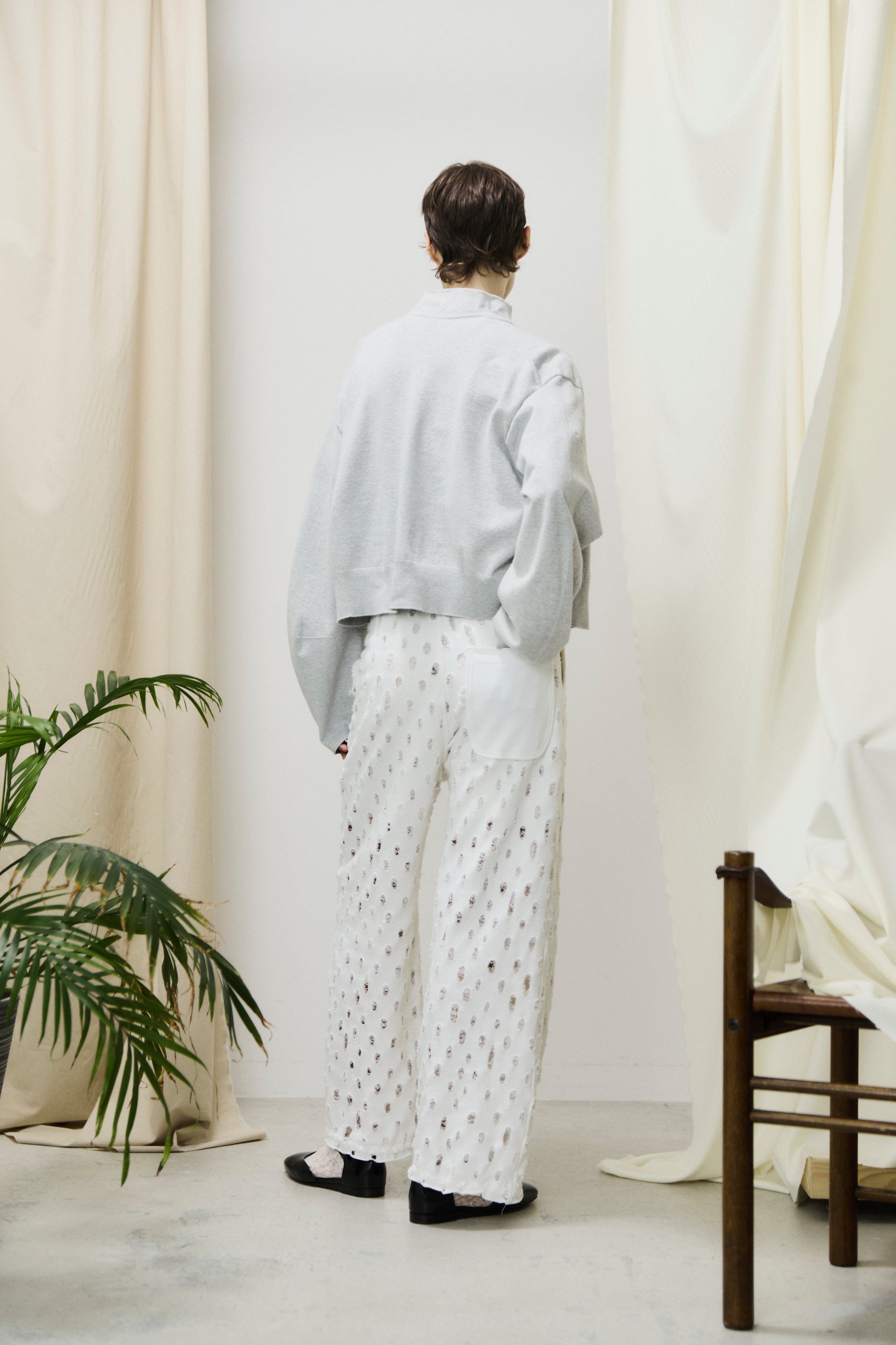 ripped-mesh cotton terry wide-leg sweatpants