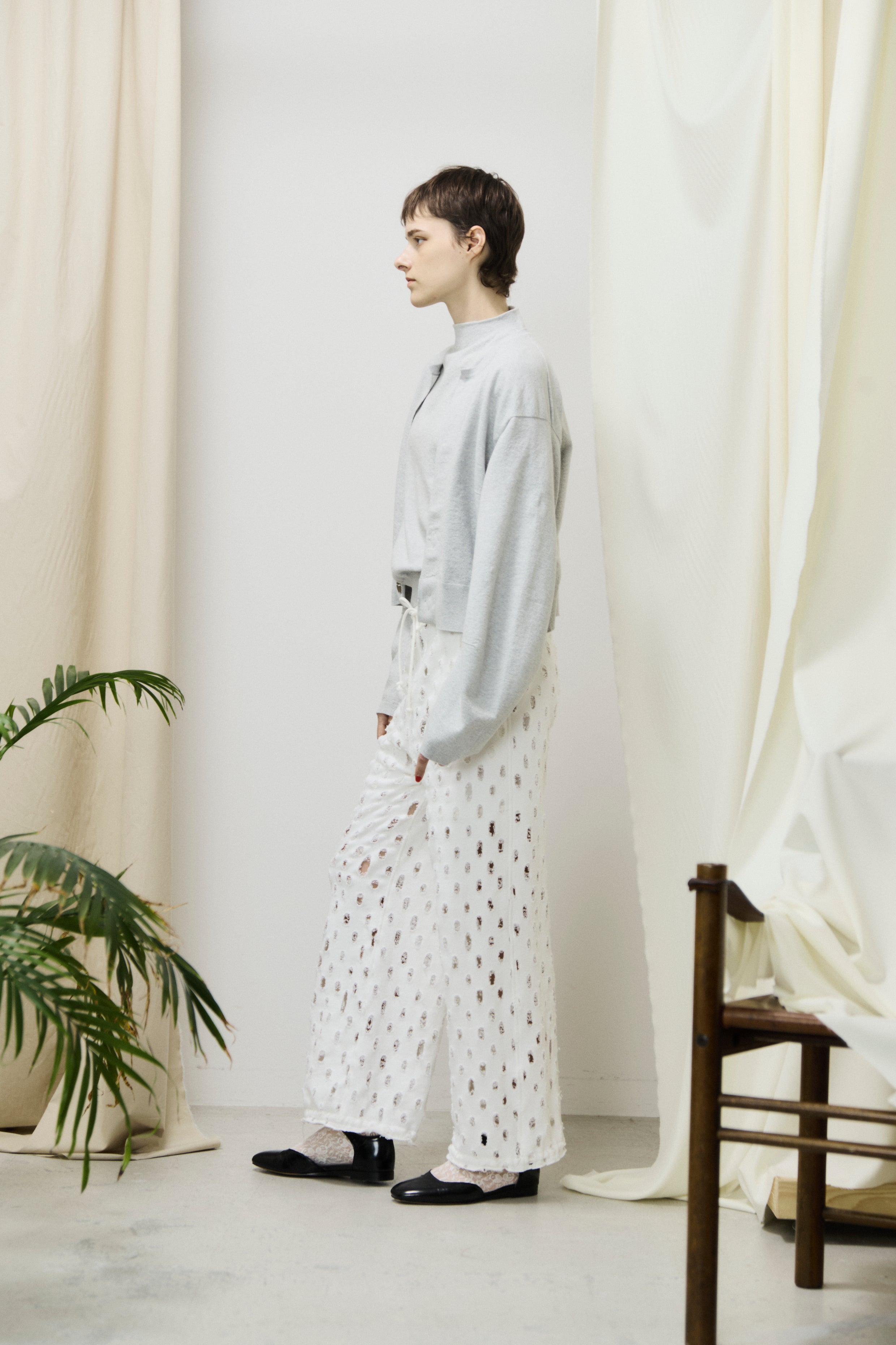 ripped-mesh cotton terry wide-leg sweatpants