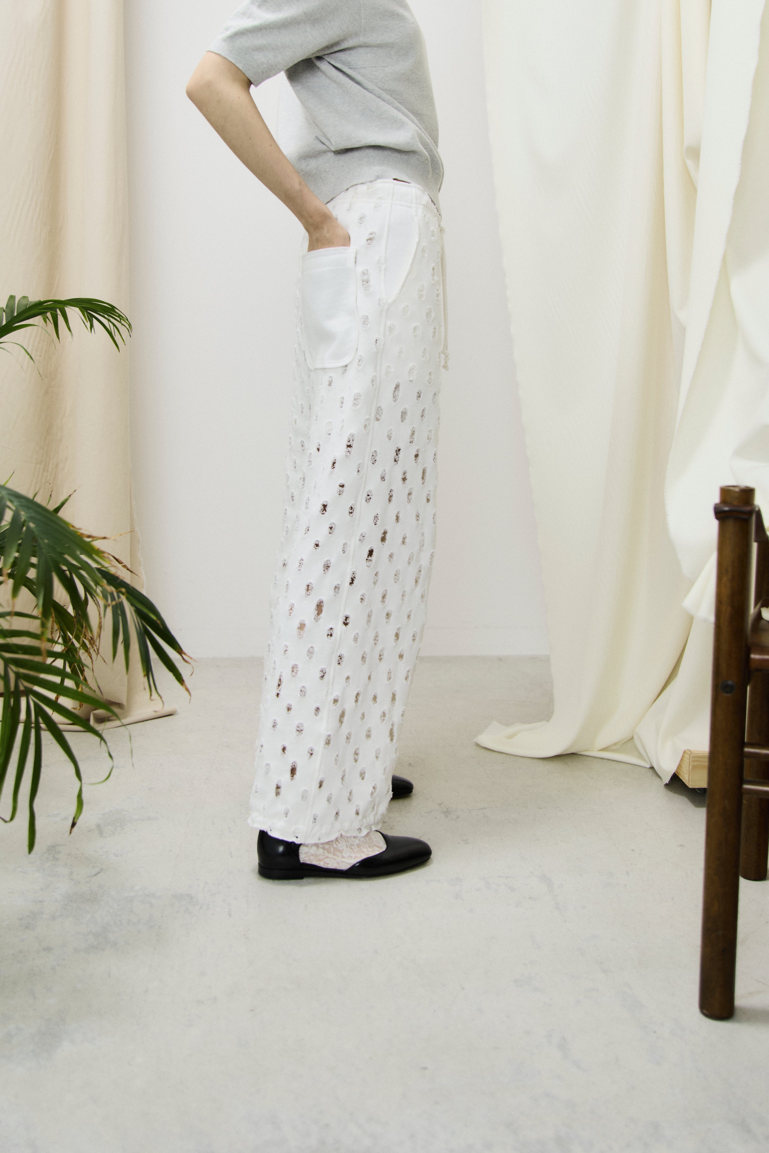 ripped-mesh cotton terry wide-leg sweatpants