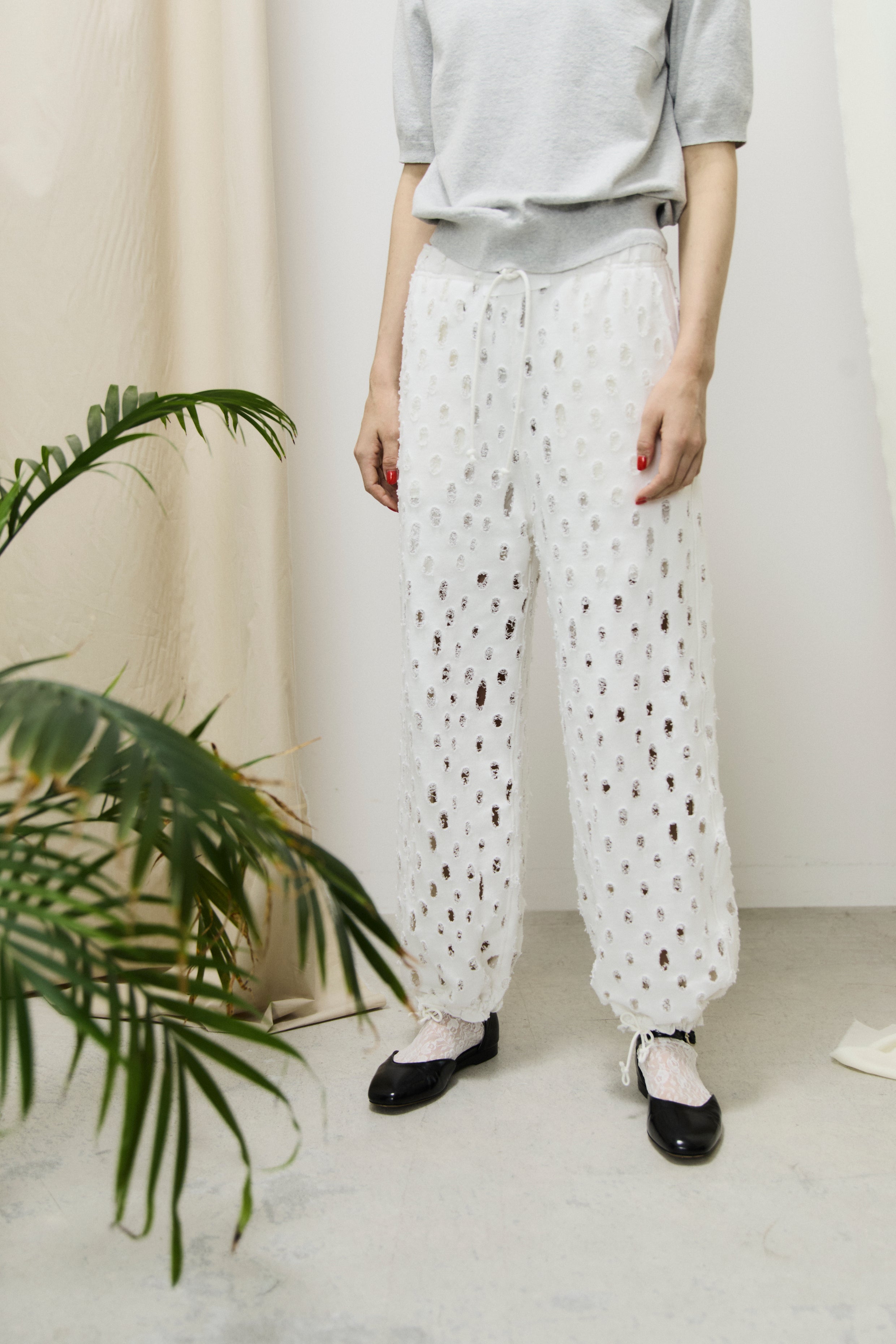 ripped-mesh cotton terry wide-leg sweatpants