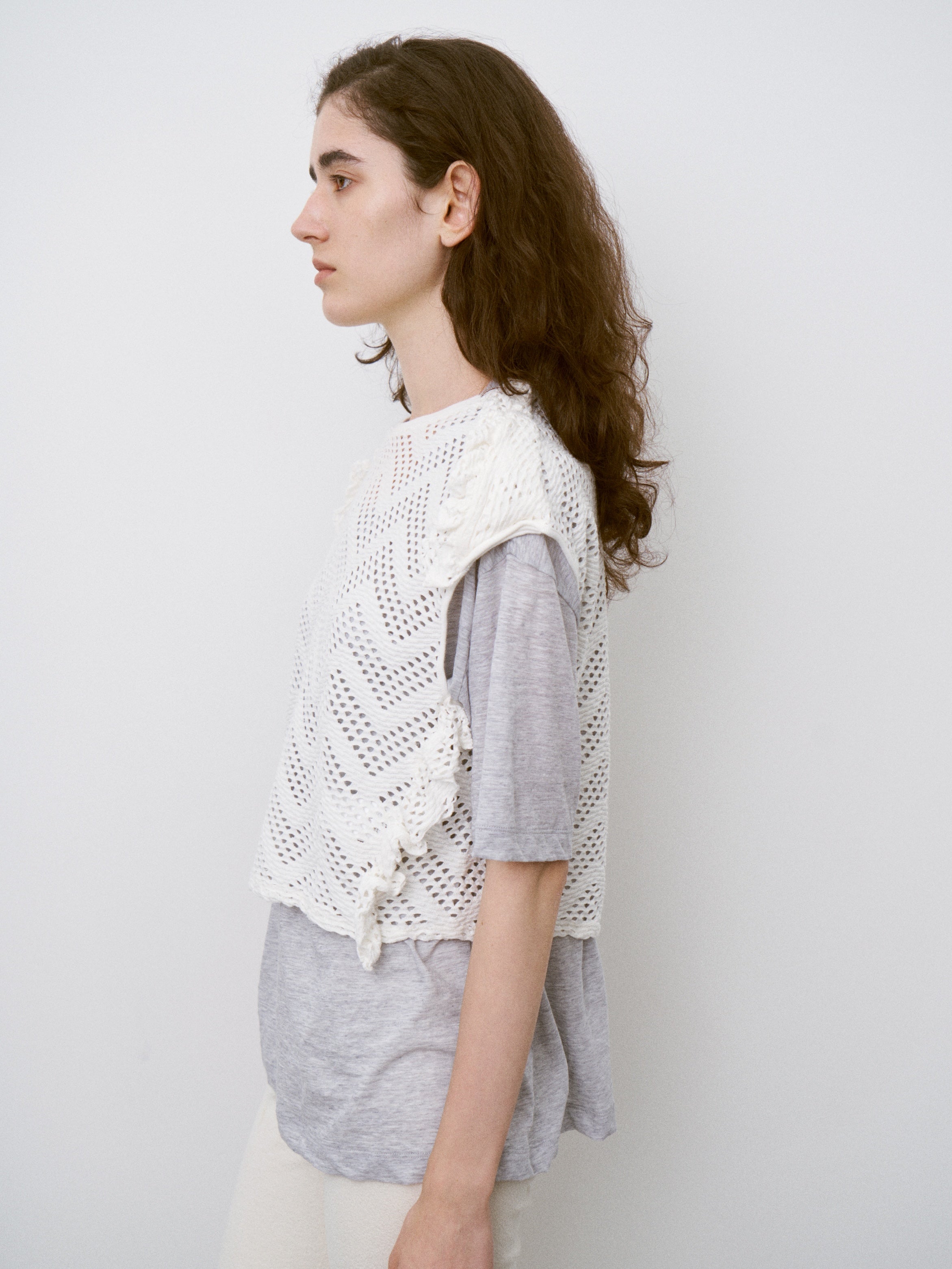 PATTERN MESH COTTON JERSEY RUFFLED SLEEVELESS TOP