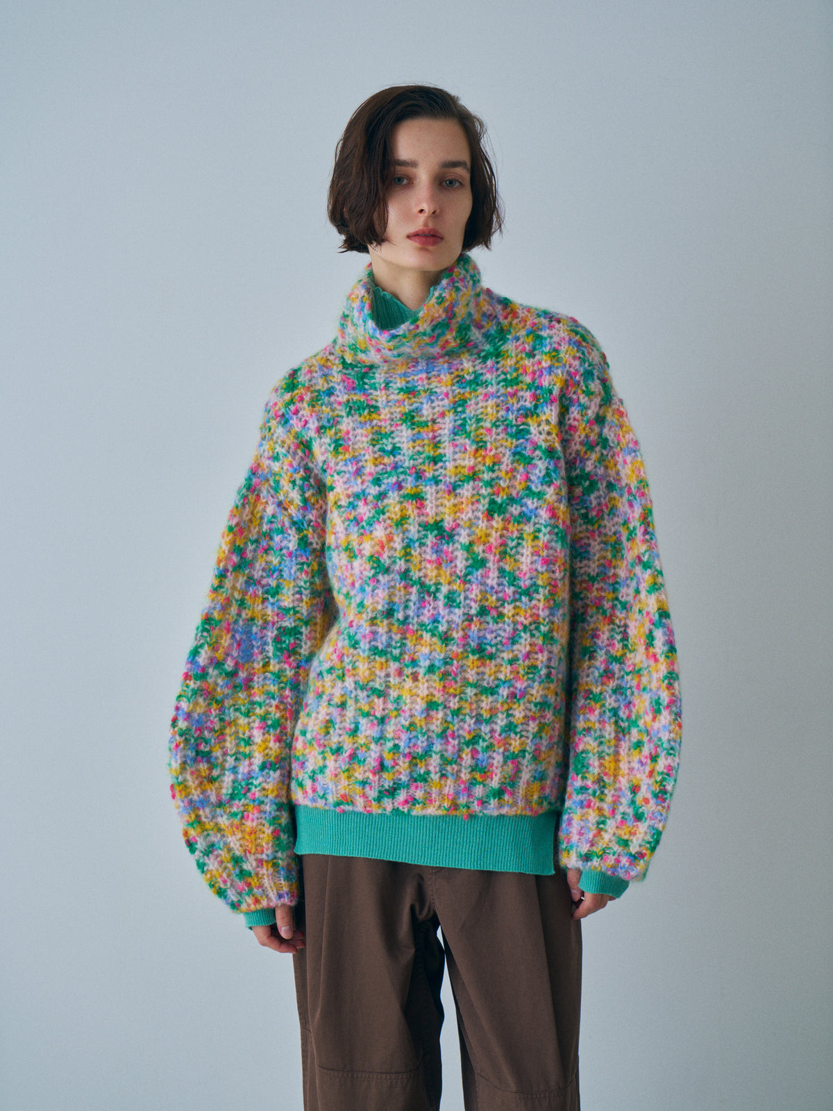 SUPERKID MOHAIR & COTTON NEP YARN RIBBED-KNIT HIGH-NECK P/O