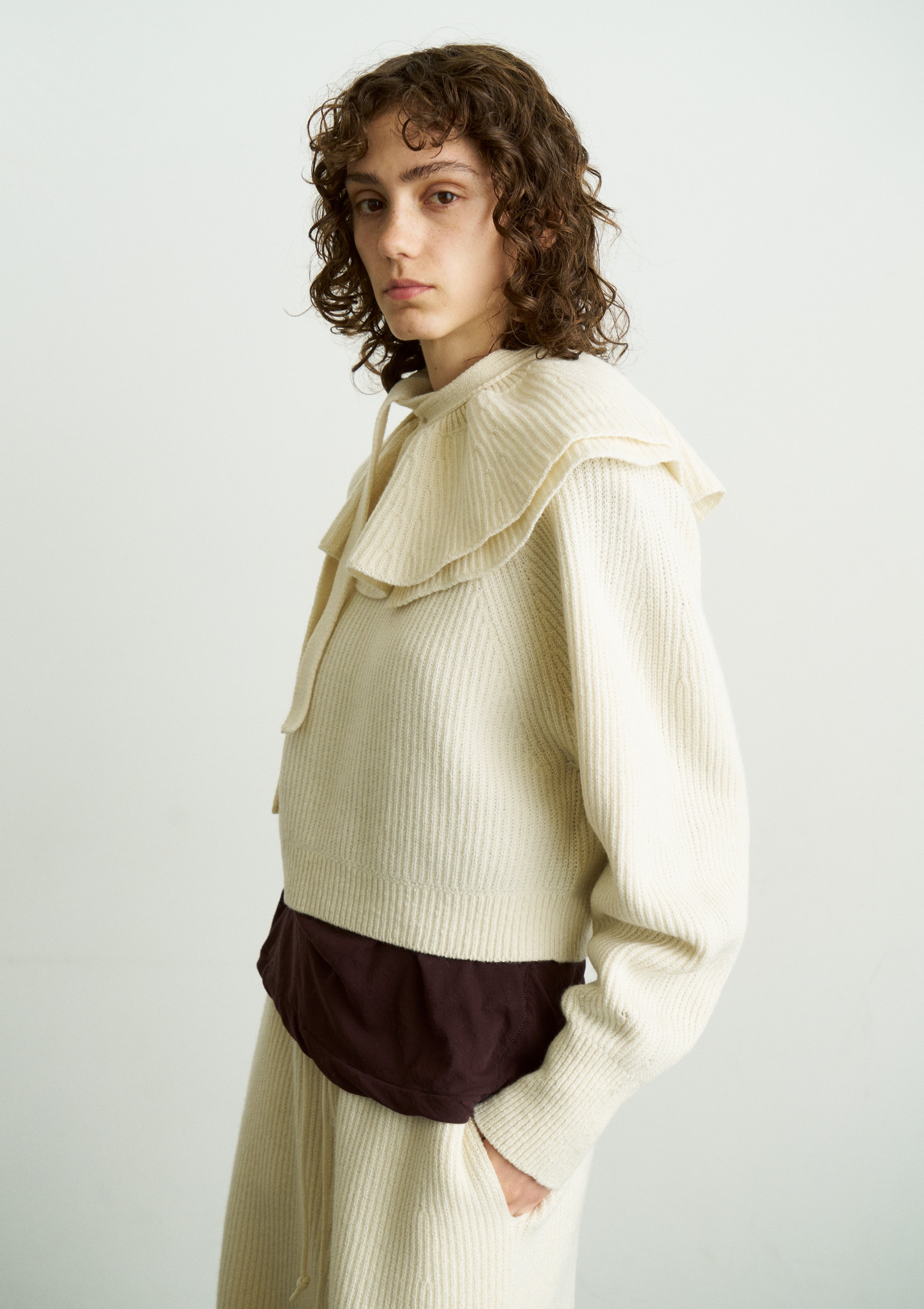 WOOLEN COTTON & EX.FINE LAMBS WOOL RIBBED-KNIT FRILL COLLAR