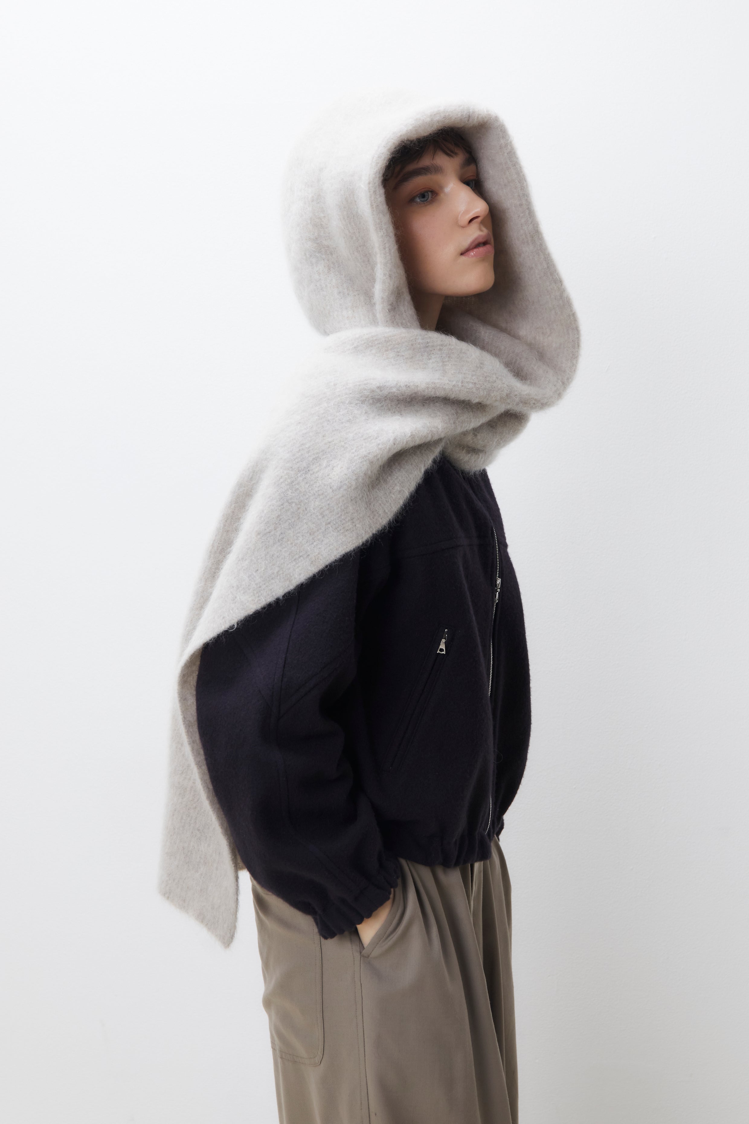 stretch superkid mohair hooded stole