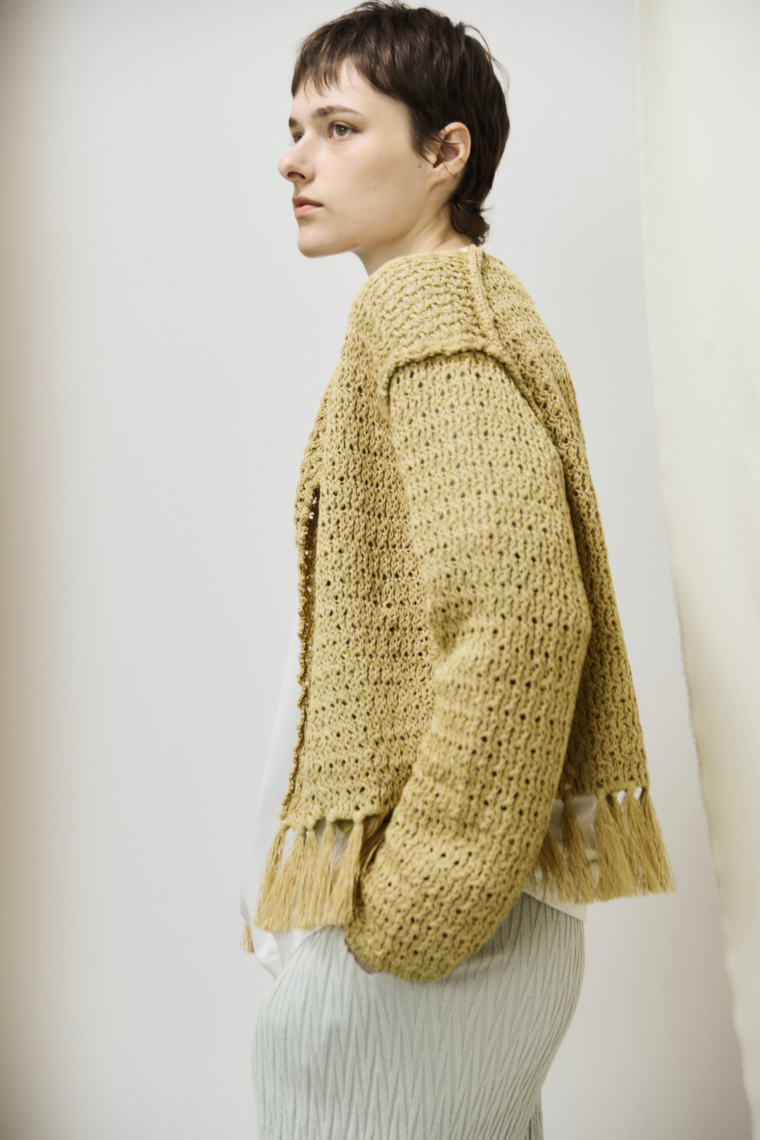 double honeycomb mesh fringed cardigan