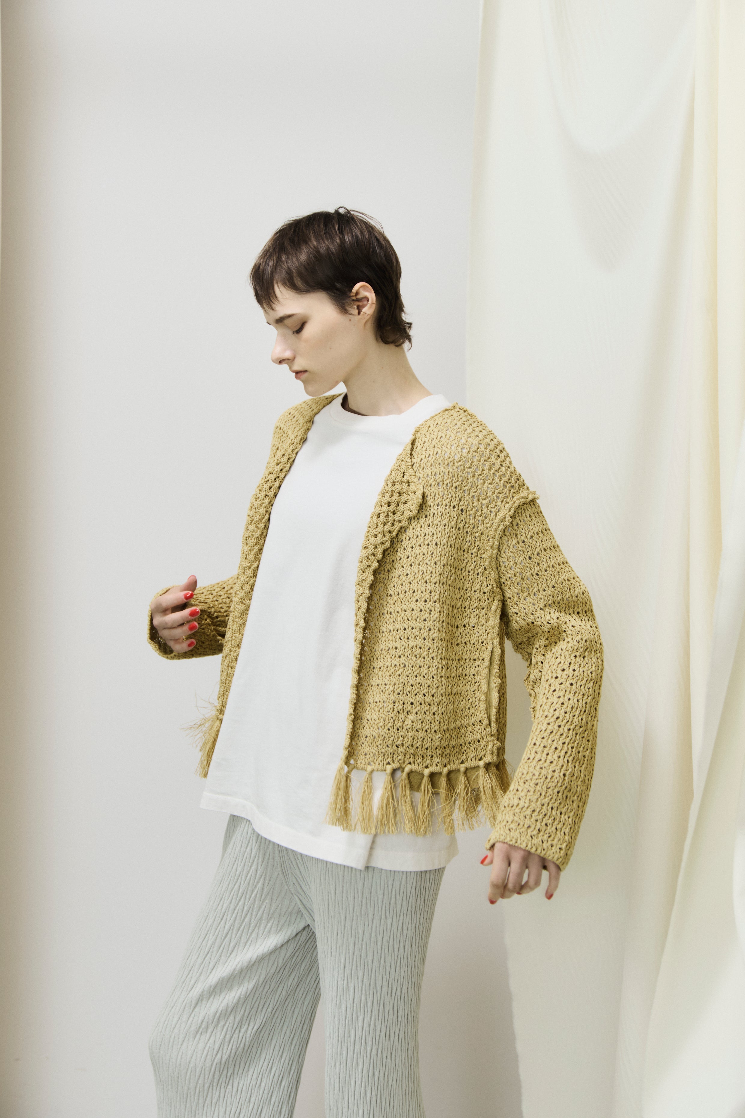 double honeycomb mesh fringed cardigan