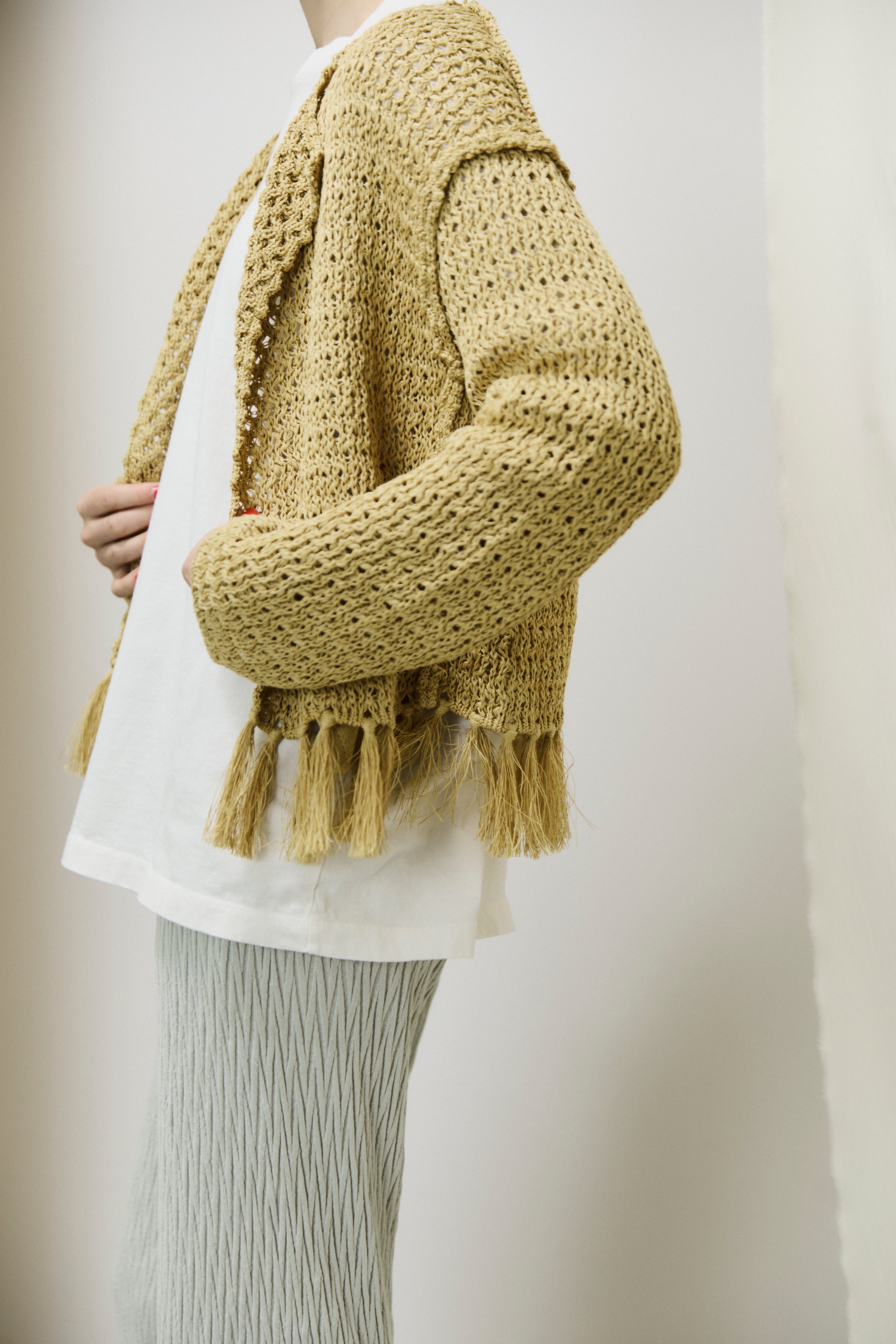 double honeycomb mesh fringed cardigan