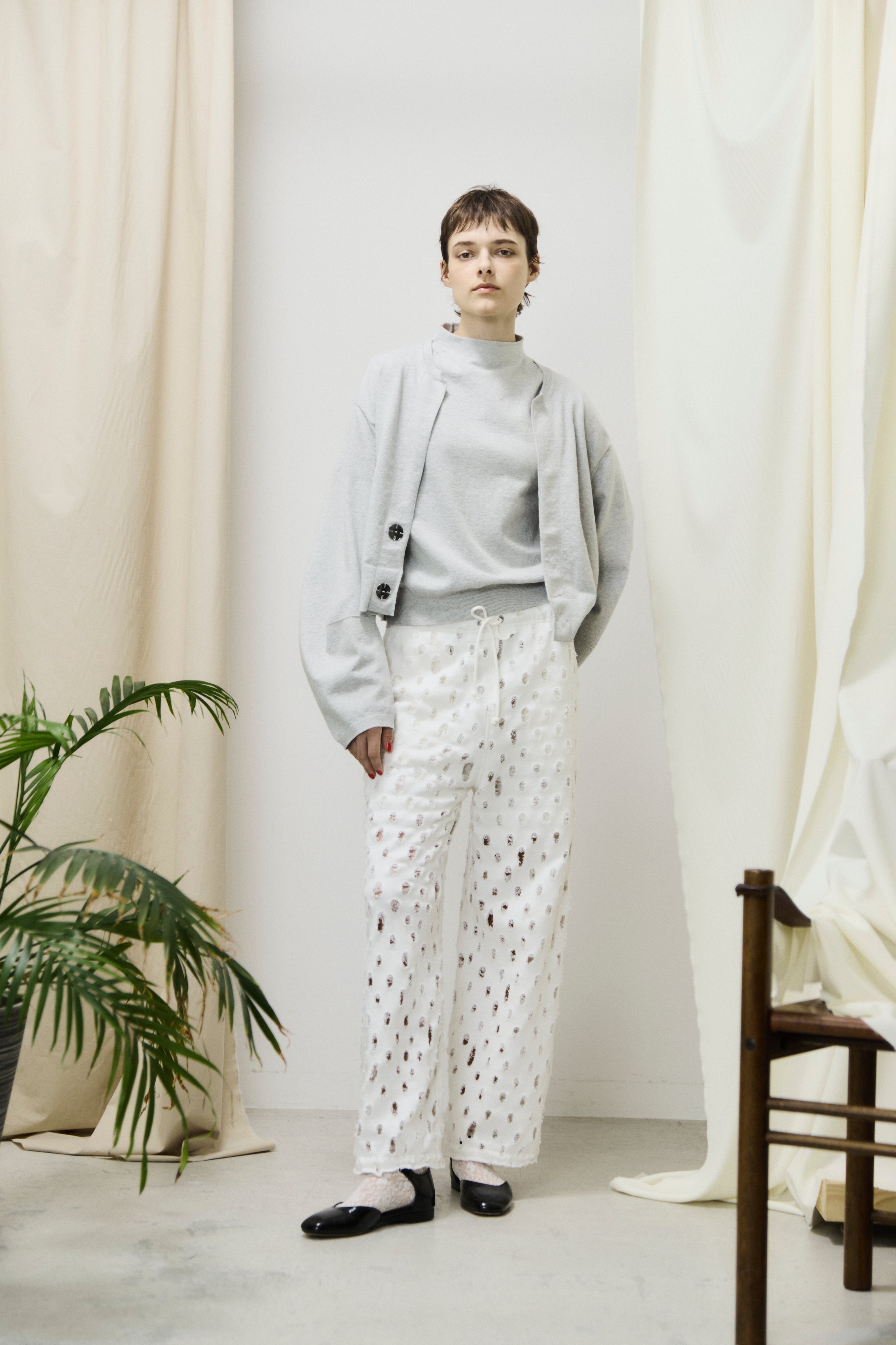 ripped-mesh cotton terry wide-leg sweatpants