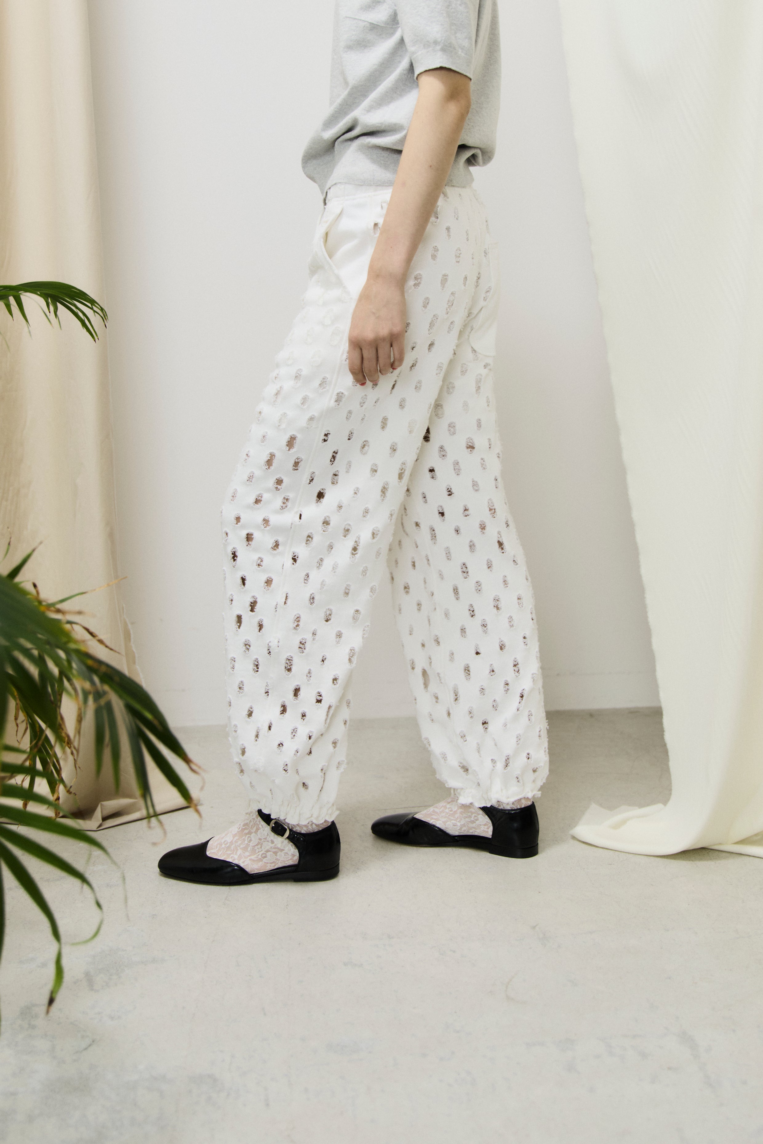 ripped-mesh cotton terry wide-leg sweatpants