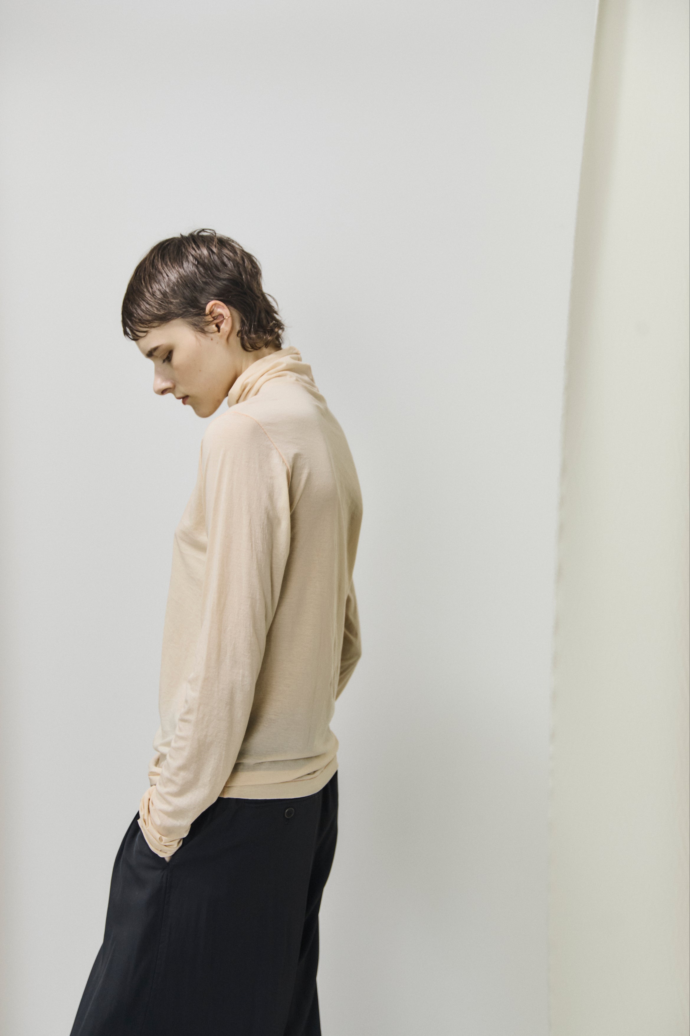 twisted cotton sheer jersey high-neck L/S Tee