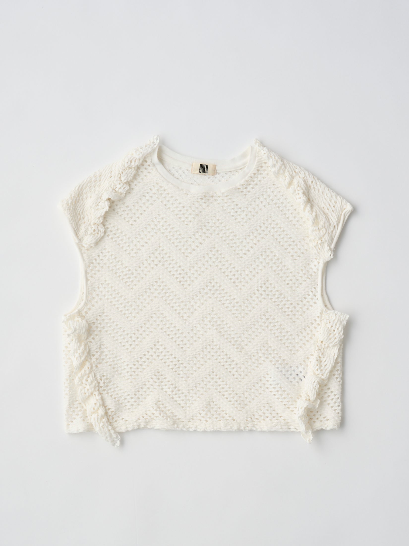 PATTERN MESH COTTON JERSEY RUFFLED SLEEVELESS TOP