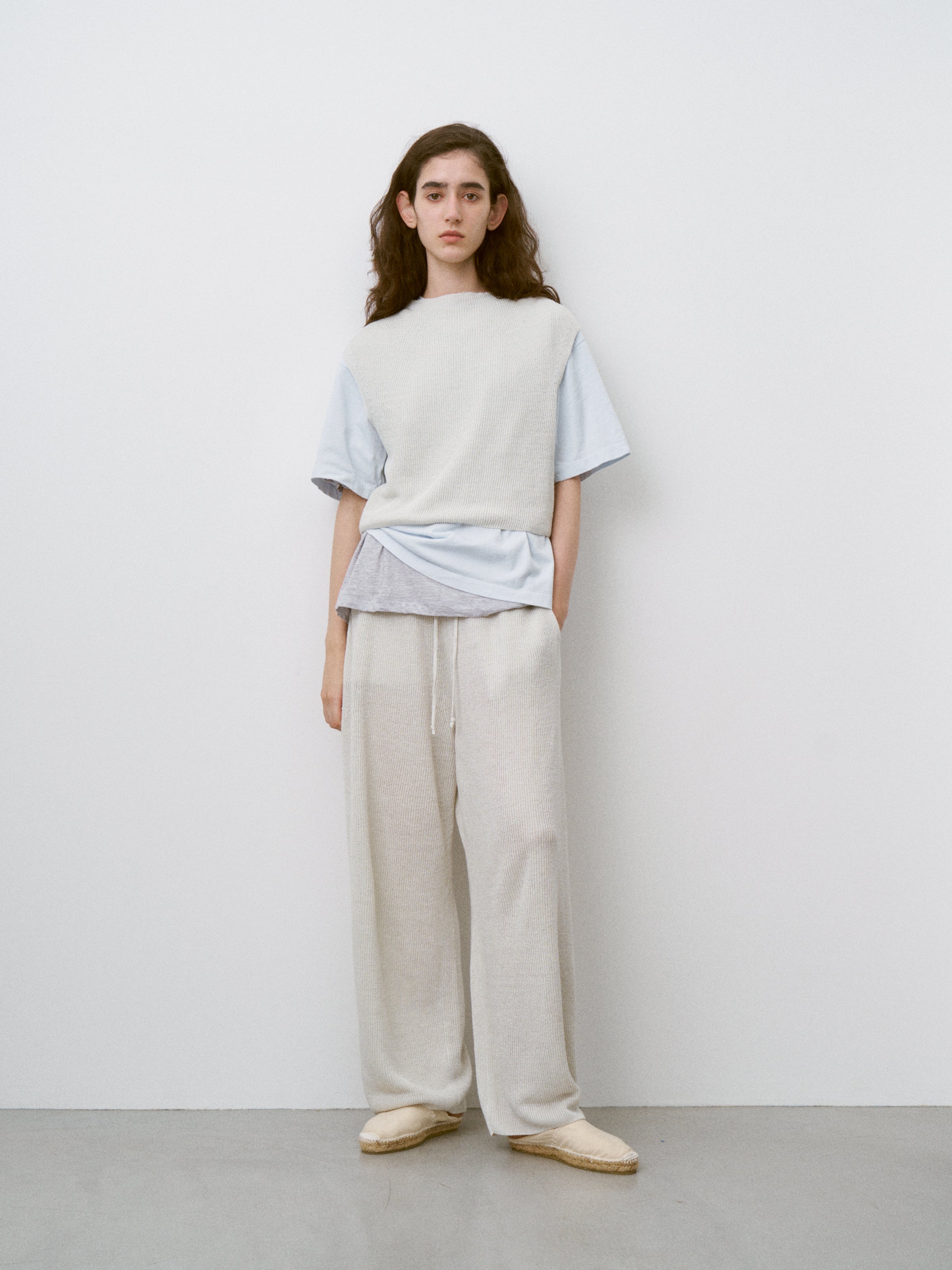 FRENCH LINEN RIBBED-KNIT WIDE-LEG PANTS