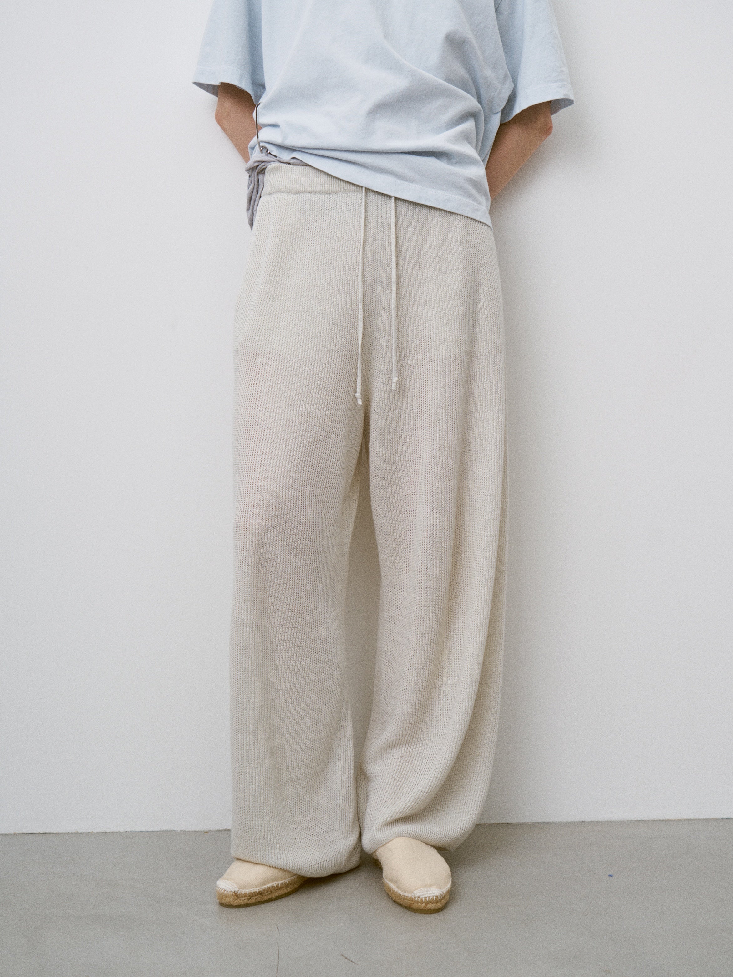 FRENCH LINEN RIBBED-KNIT WIDE-LEG PANTS