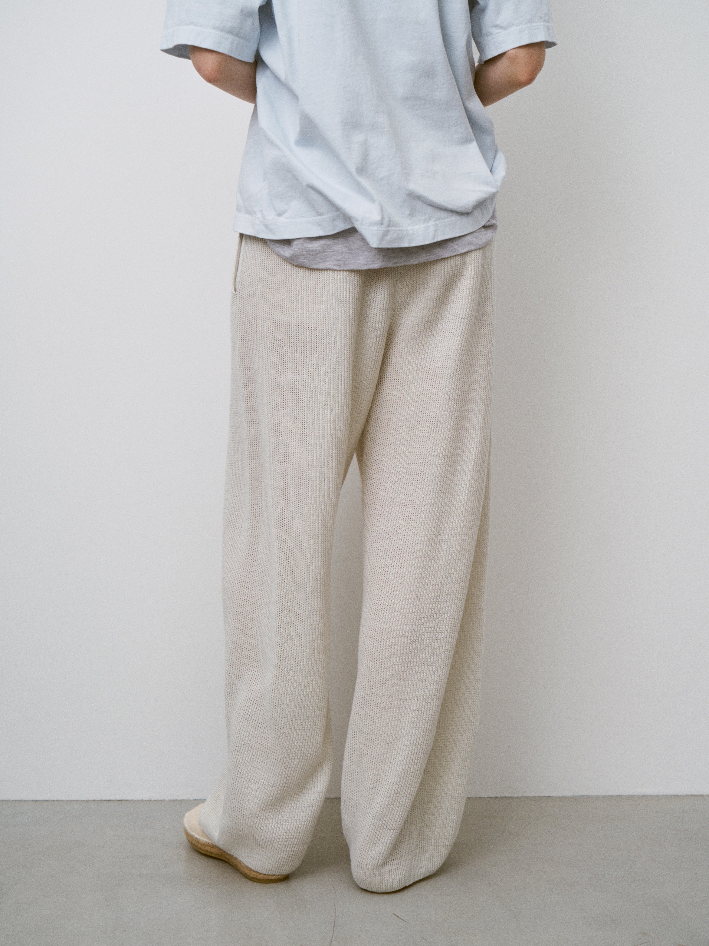 FRENCH LINEN RIBBED-KNIT WIDE-LEG PANTS