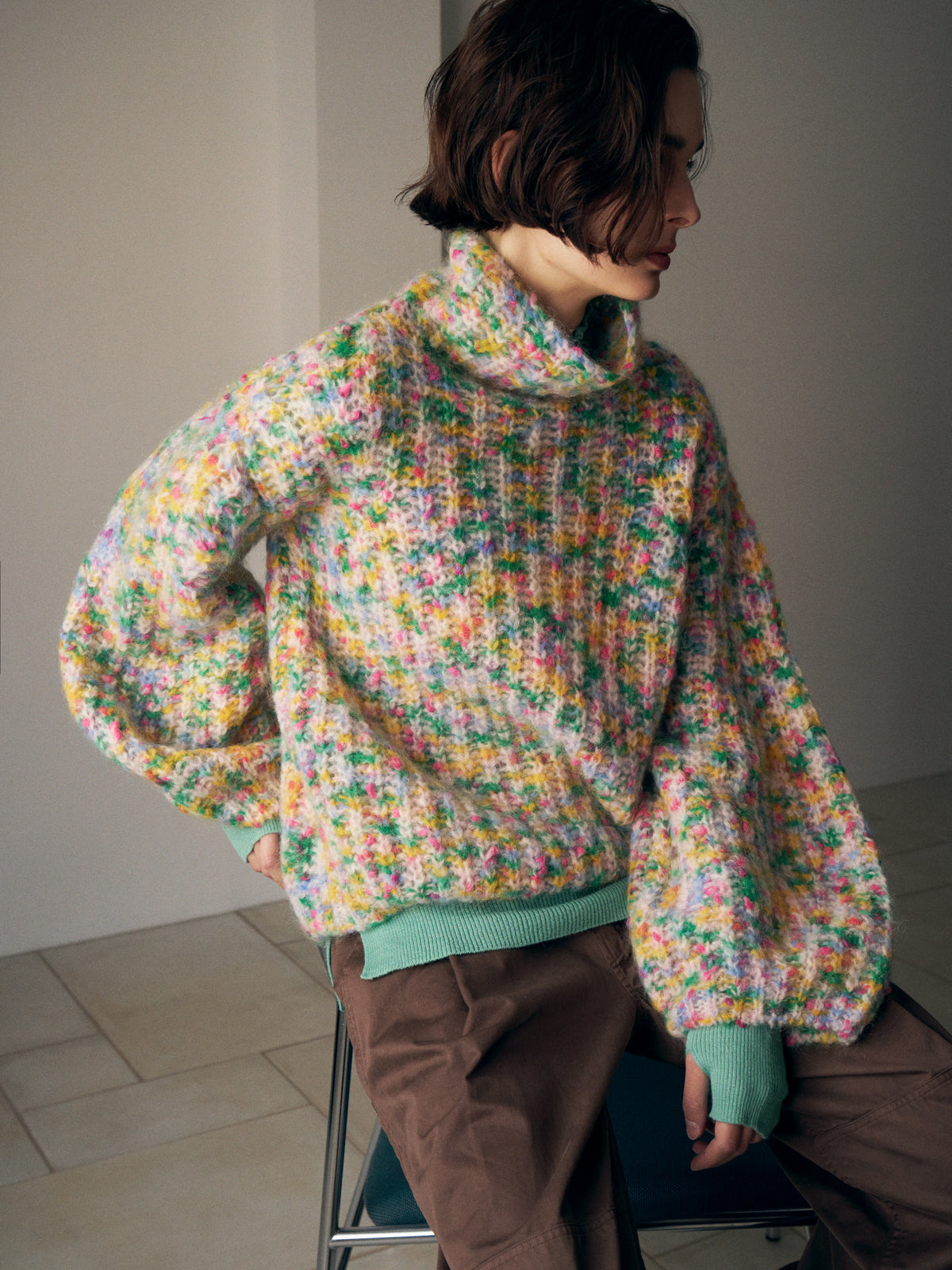 SUPERKID MOHAIR & COTTON NEP YARN RIBBED-KNIT HIGH-NECK P/O