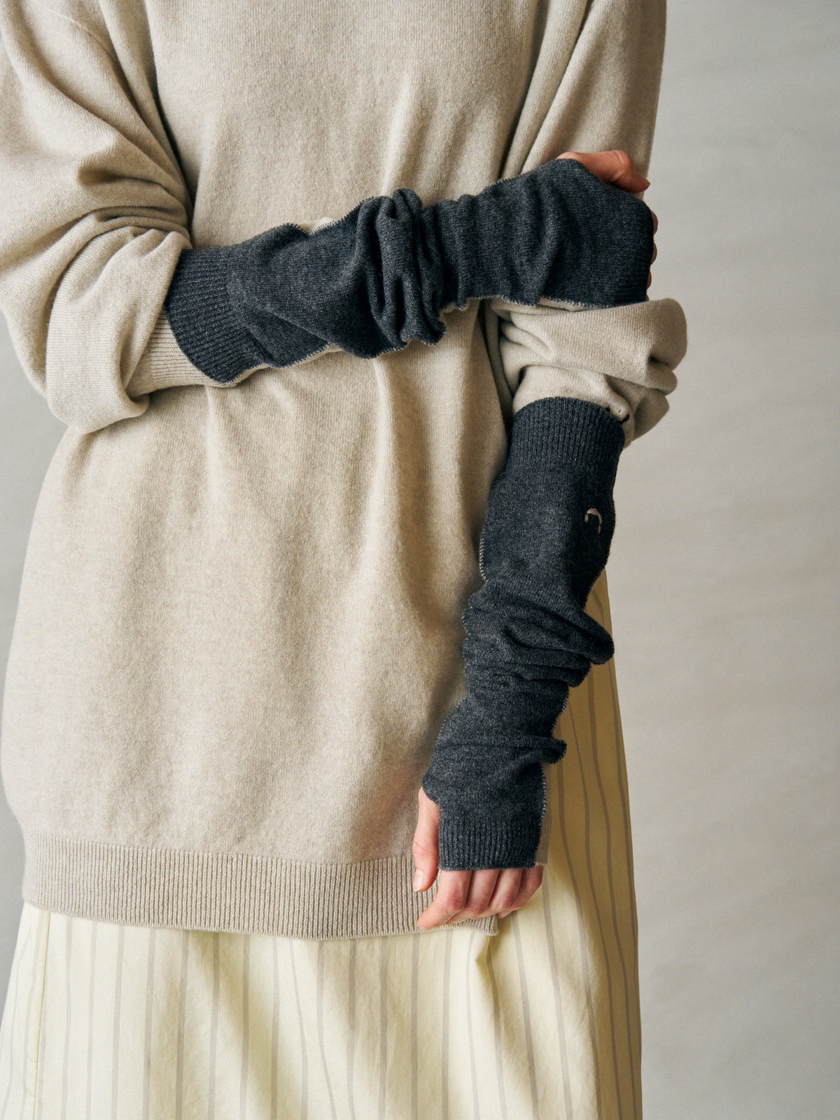 EX SUPER FINE WOOLEN WOOL HIGH-GAUGE KNIT BICOLOR FINGERLESS GLOVES