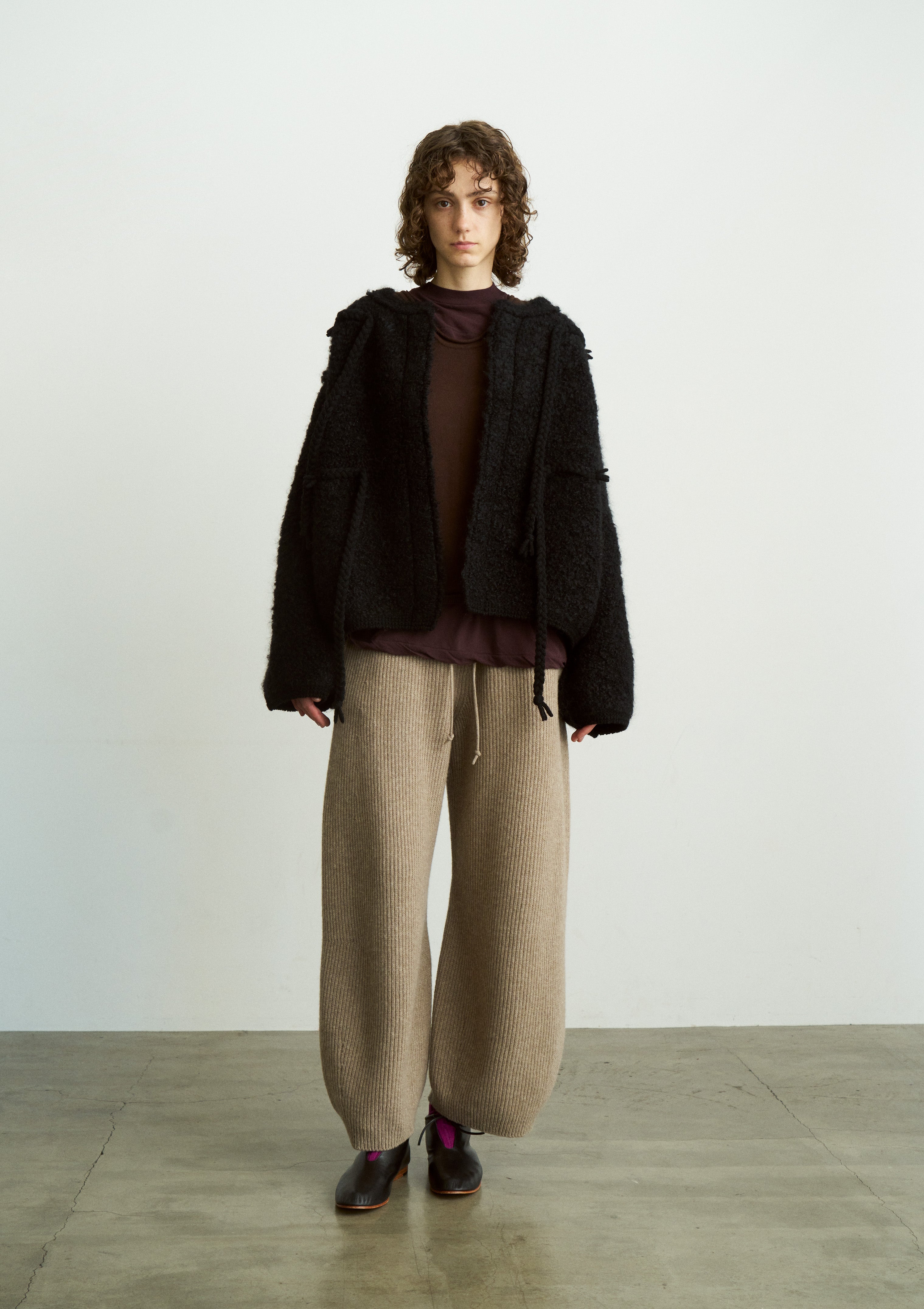 WOOLEN COTTON & EX.FINE LAMBS WOOL RIBBED-KNIT WIDE PANTS