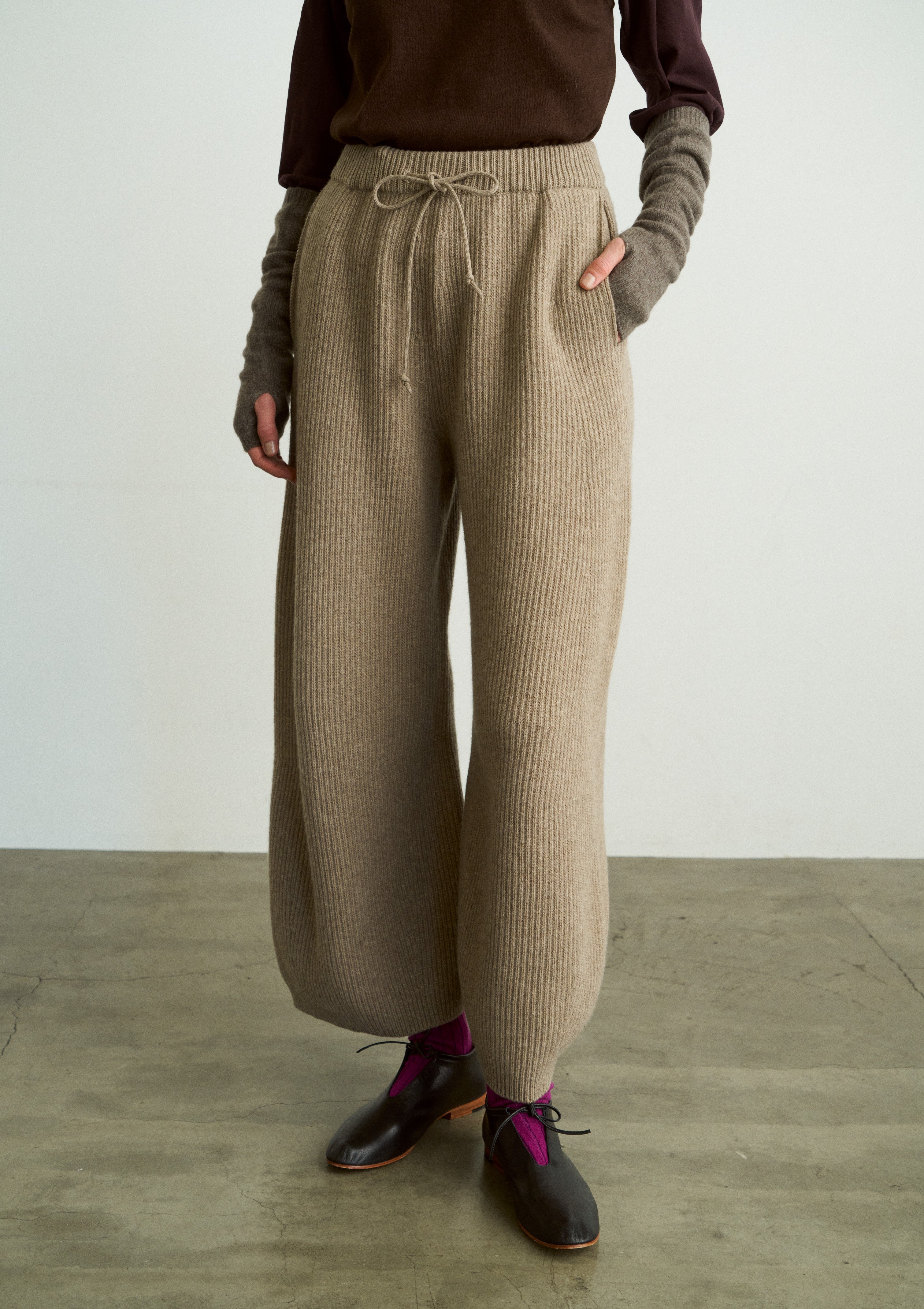 WOOLEN COTTON & EX.FINE LAMBS WOOL RIBBED-KNIT WIDE PANTS