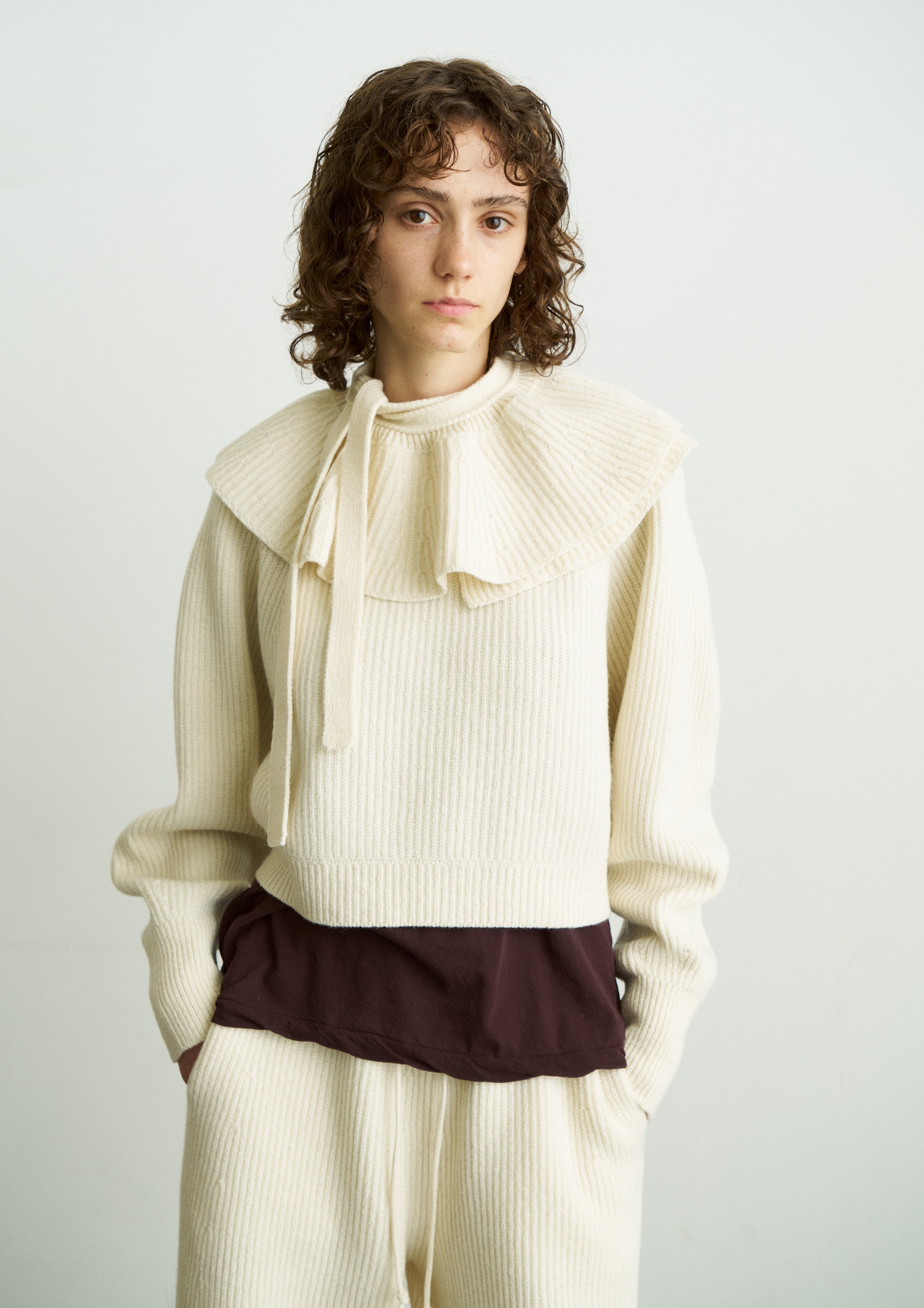 WOOLEN COTTON & EX.FINE LAMBS WOOL RIBBED-KNIT FRILL COLLAR