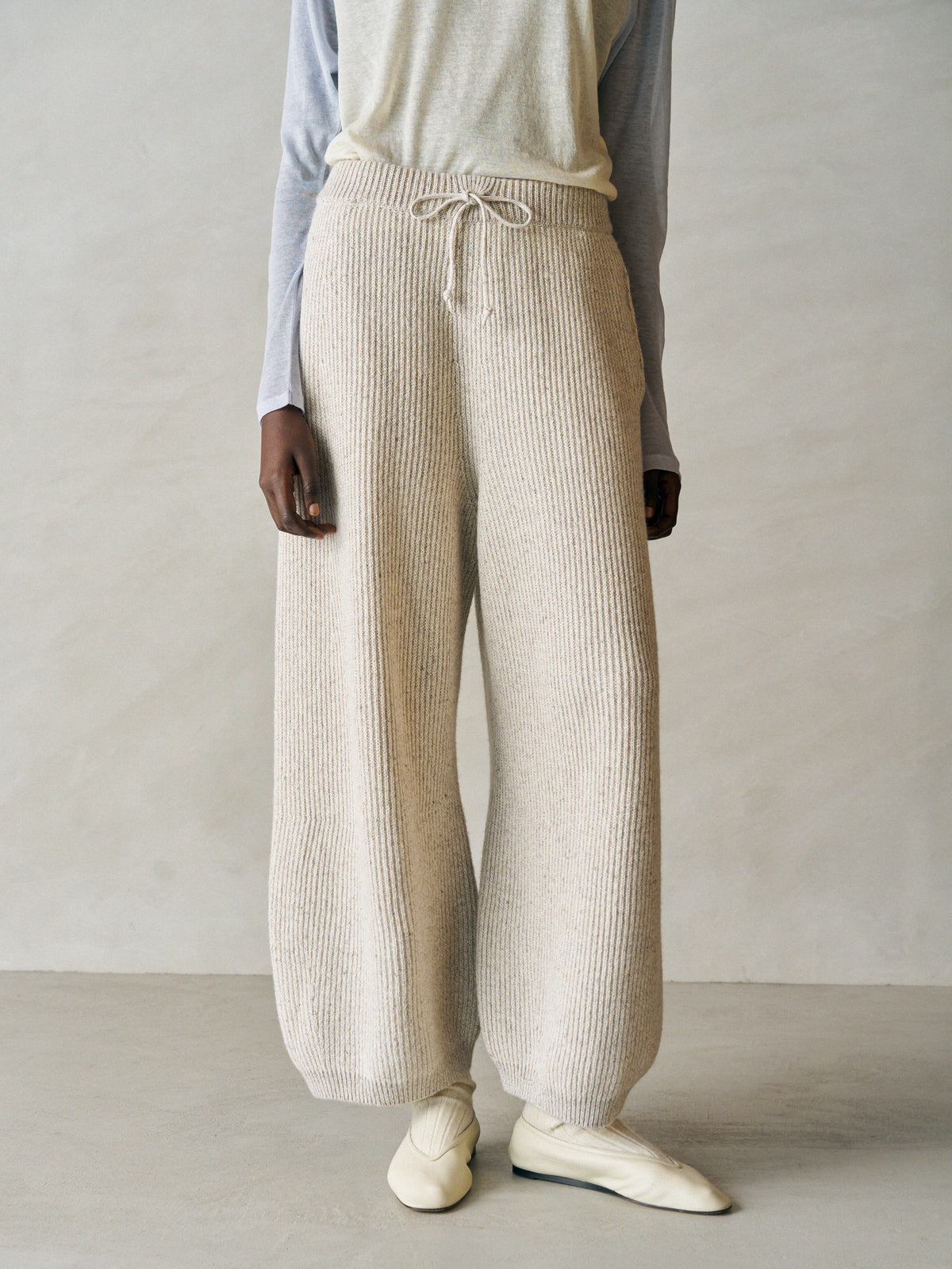 WOOLEN COTTON & SILK NEP WOOL TWEED-KNIT PANTS