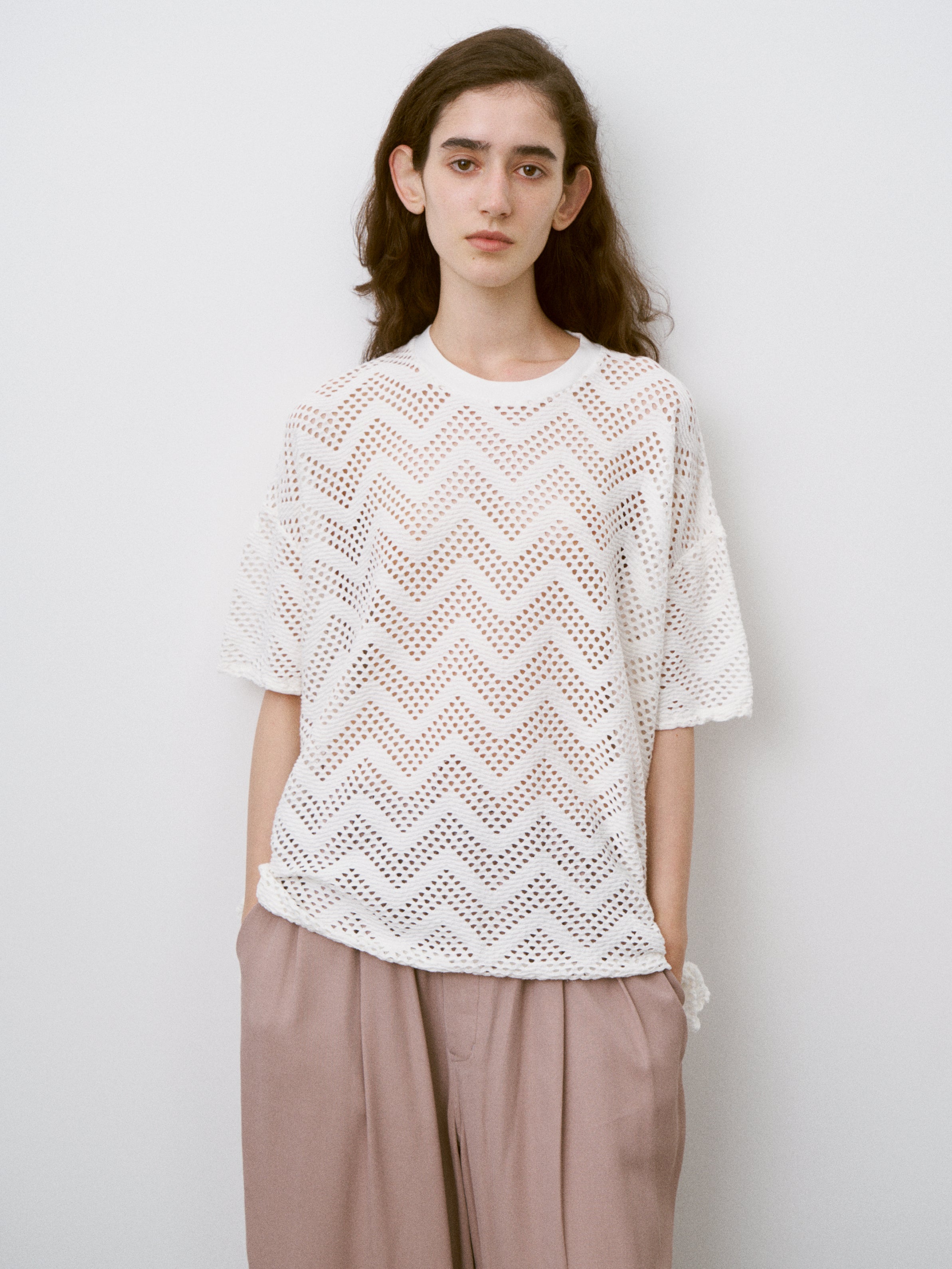 PATTERN MESH COTTON JERSEY RUFFLED TEE