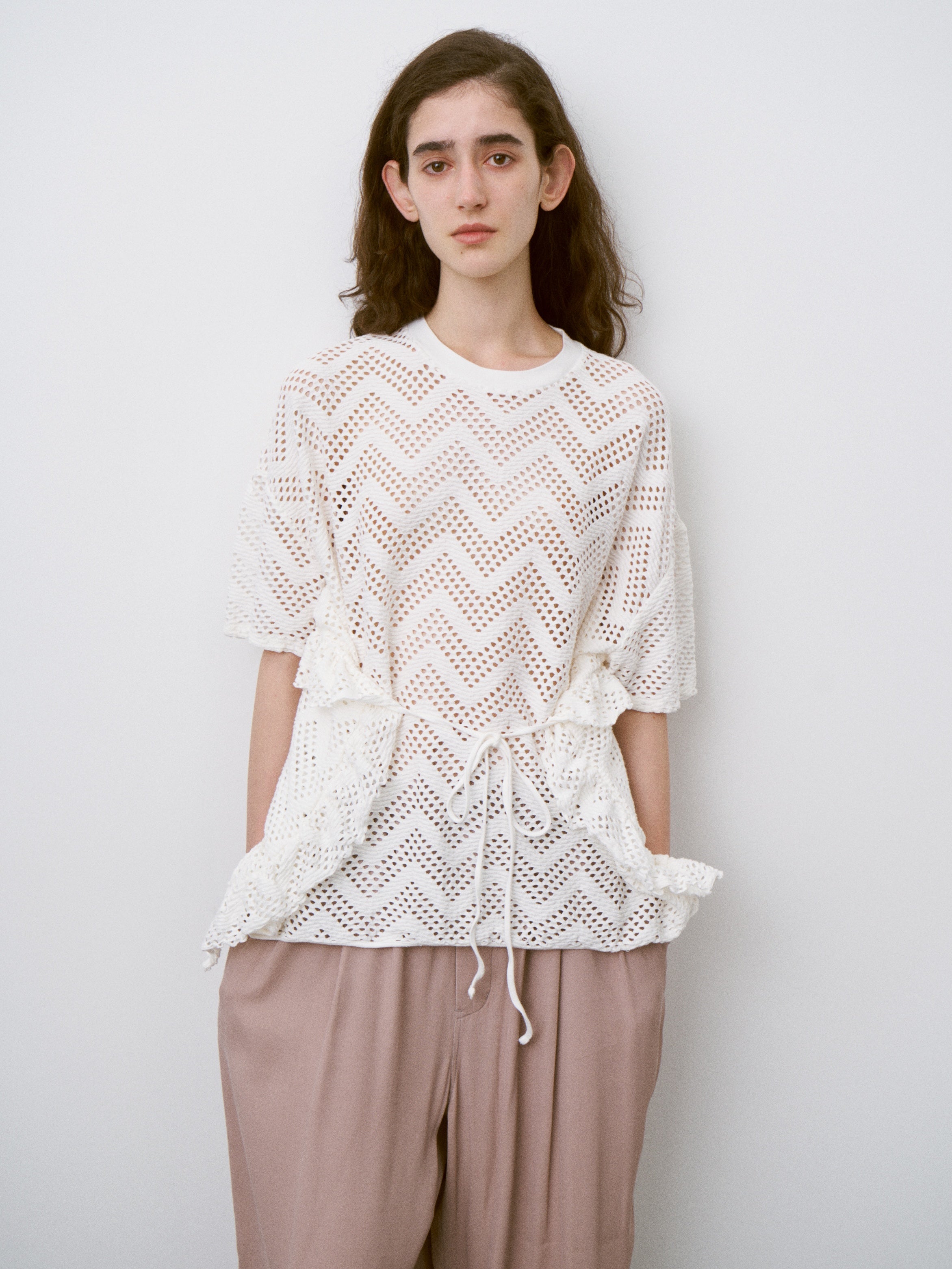 PATTERN MESH COTTON JERSEY RUFFLED TEE