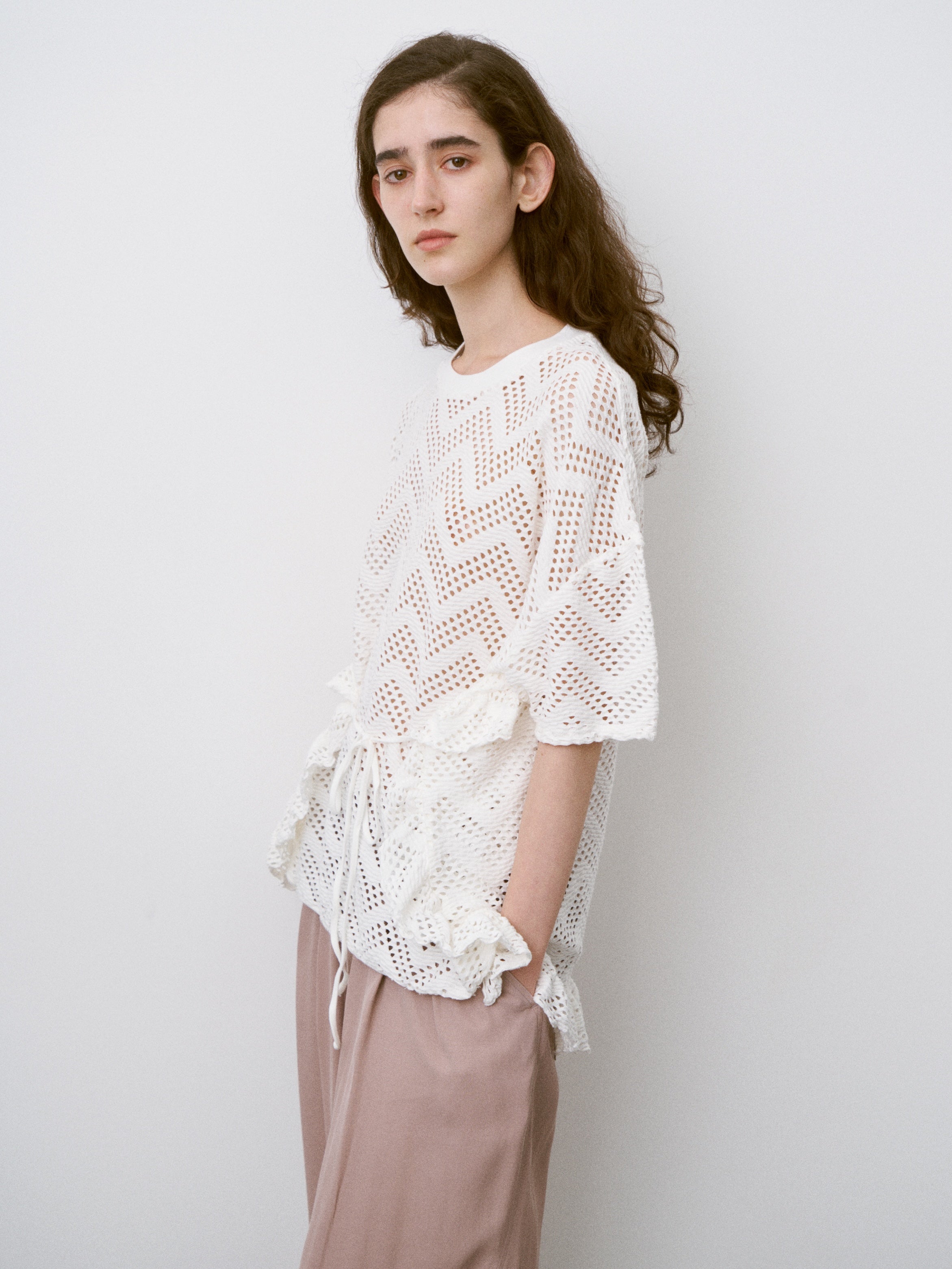 PATTERN MESH COTTON JERSEY RUFFLED TEE