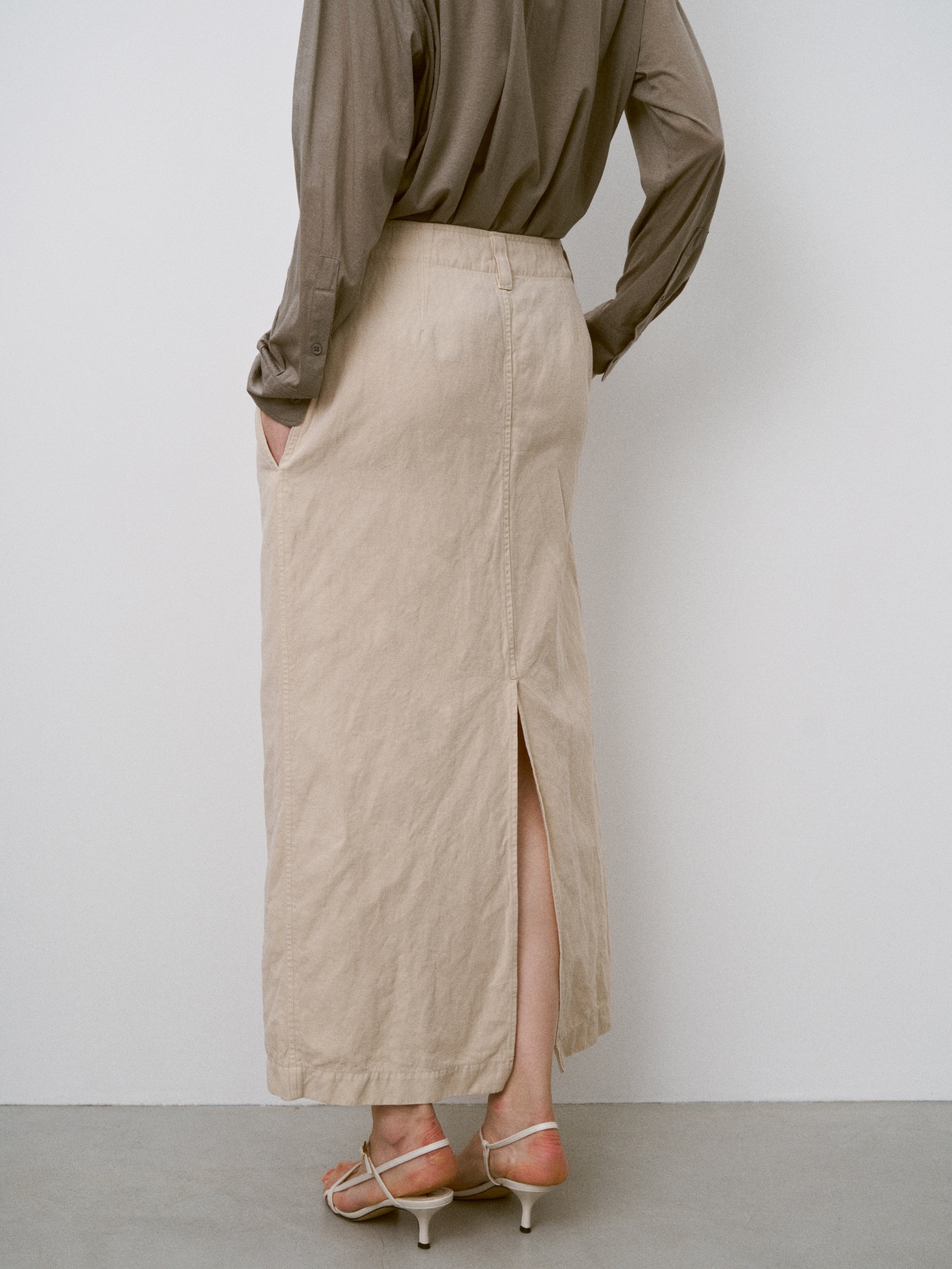 COTTON & LINEN GARMENT DYEING MAXI SKIRT