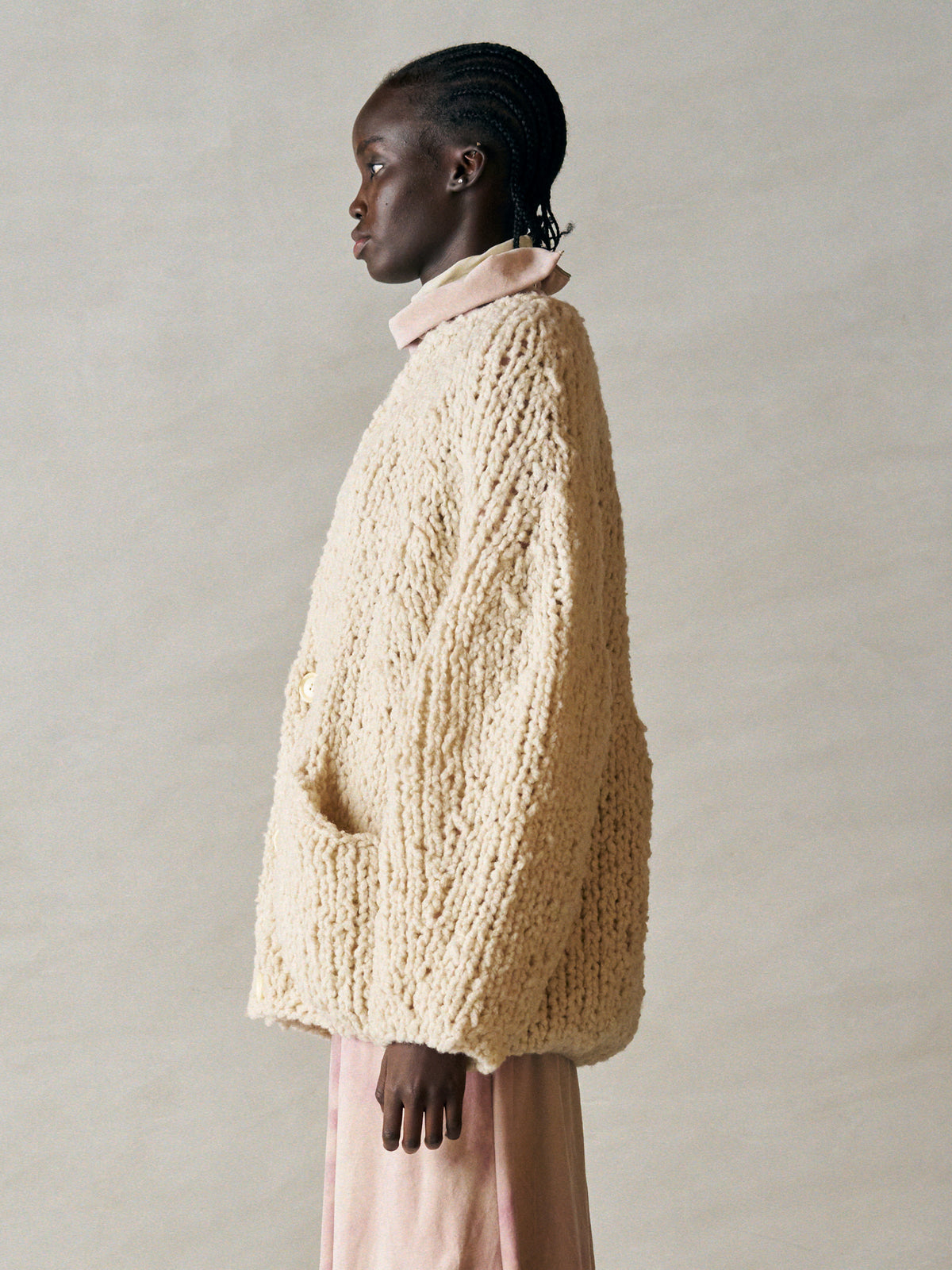 BRITISH SUPER DOWN SLUB FELT YARN HAND-KNIT CARDIGAN